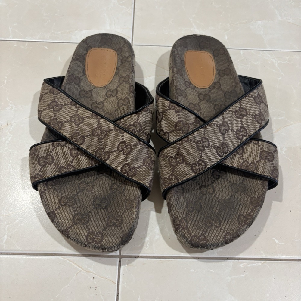 Gucci Sandals Slides Canvas Leather Strap Made In Italy Mens 10 Monogram GG